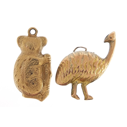 1754 - Two 9ct gold charms comprising ostrich and koala, the largest 1.7cm high, total 1.8g