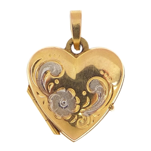 1876 - 9ct two tone gold love heart locket engraved with flowers, 2.1cm high, 1.6g