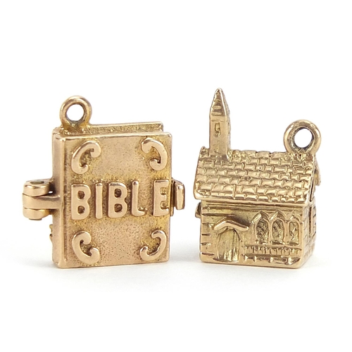 1896 - Two 9ct gold charms comprising church and bible, each 1.5cm high, total 5.0g