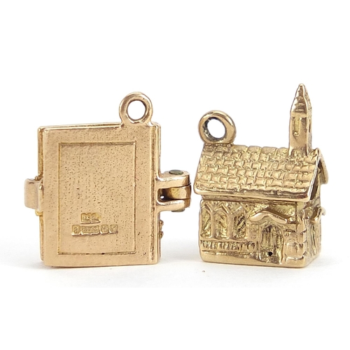 1896 - Two 9ct gold charms comprising church and bible, each 1.5cm high, total 5.0g