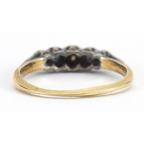 1850 - 18ct gold diamond and sapphire five stone ring, size L, 2.1g