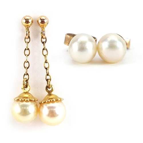 2067 - Pair of 9ct gold cultured pearl stud earrings and a pair of unmarked gold cultured pearl drop earrin... 