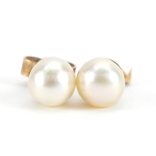 2067 - Pair of 9ct gold cultured pearl stud earrings and a pair of unmarked gold cultured pearl drop earrin... 