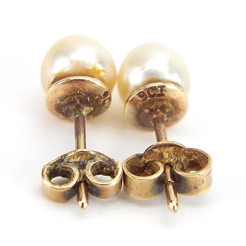 2067 - Pair of 9ct gold cultured pearl stud earrings and a pair of unmarked gold cultured pearl drop earrin... 