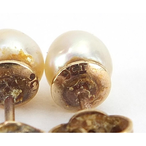 2067 - Pair of 9ct gold cultured pearl stud earrings and a pair of unmarked gold cultured pearl drop earrin... 