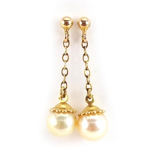 2067 - Pair of 9ct gold cultured pearl stud earrings and a pair of unmarked gold cultured pearl drop earrin... 