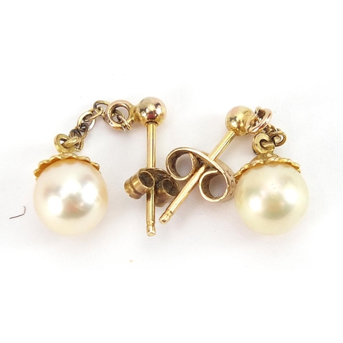 2067 - Pair of 9ct gold cultured pearl stud earrings and a pair of unmarked gold cultured pearl drop earrin... 