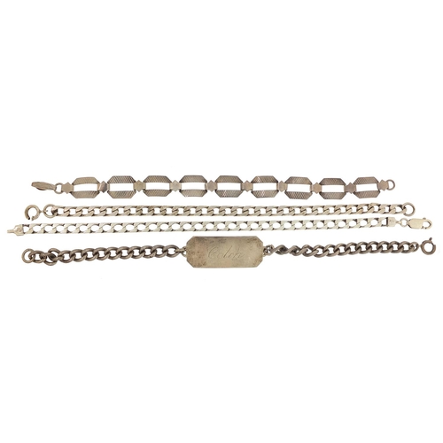 1958 - Four silver bracelets including an identity bracelet, total 49.0g