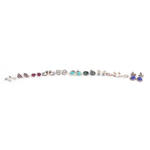 2102 - Ten pairs of silver earrings, some set with semi precious stones including turquoise and lapis lazul... 