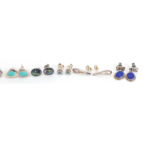 2102 - Ten pairs of silver earrings, some set with semi precious stones including turquoise and lapis lazul... 