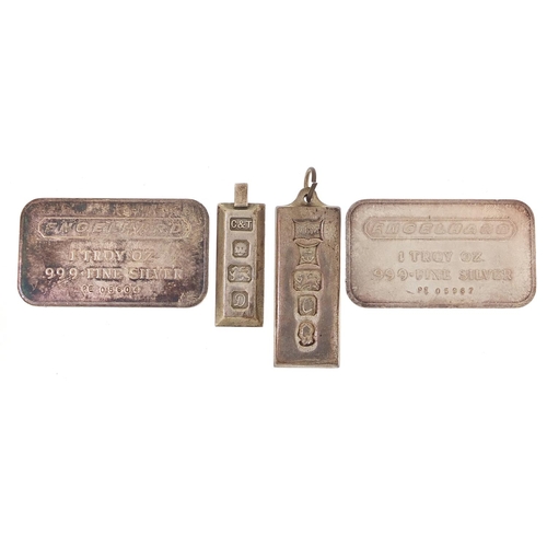 1857 - Two Engelhard Troy ounce 999 fine silver ingots and two silver ingot pendants, the largest 5cm in le... 