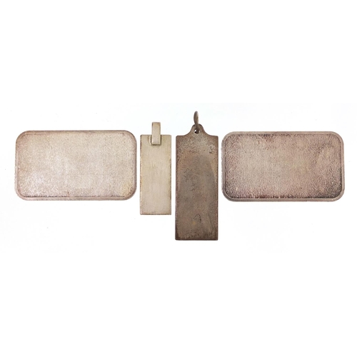 1857 - Two Engelhard Troy ounce 999 fine silver ingots and two silver ingot pendants, the largest 5cm in le... 