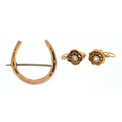 1775 - Antique 9ct gold horseshoe brooch and a pair of continental gold clear stone earrings, the brooch 2.... 