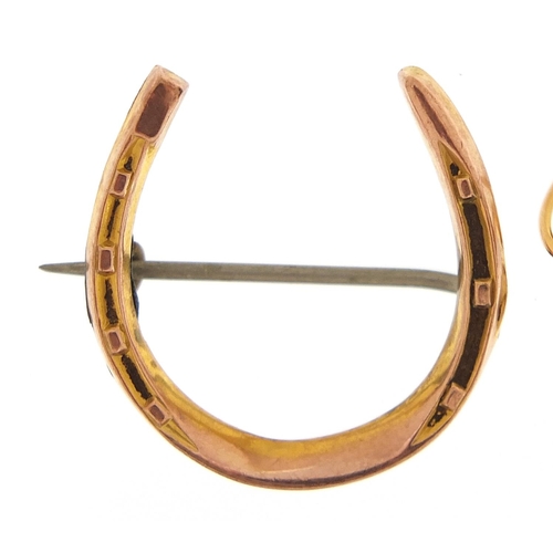 1775 - Antique 9ct gold horseshoe brooch and a pair of continental gold clear stone earrings, the brooch 2.... 