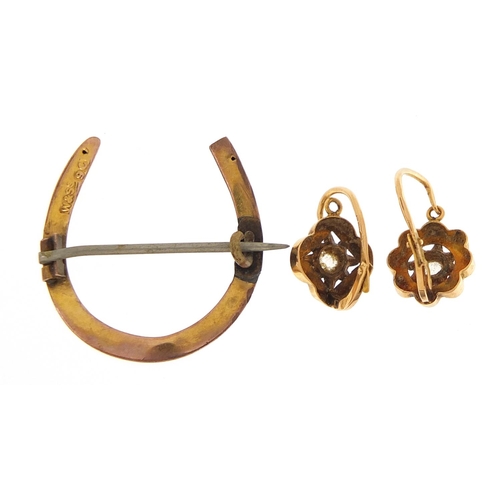 1775 - Antique 9ct gold horseshoe brooch and a pair of continental gold clear stone earrings, the brooch 2.... 