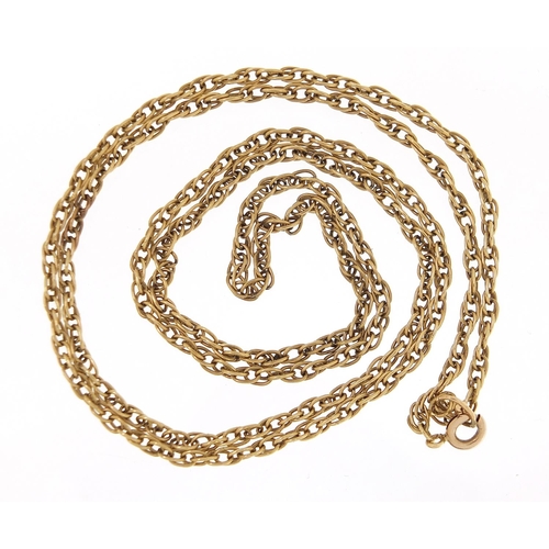 1854 - Unmarked gold necklace, (tests as 9ct gold) 61cm in length, 6.7g