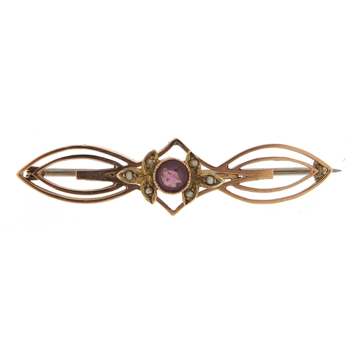 1695 - Art Nouveau 9ct gold amethyst and seed pearl bar brooch, 4.6cm wide, 3.0g