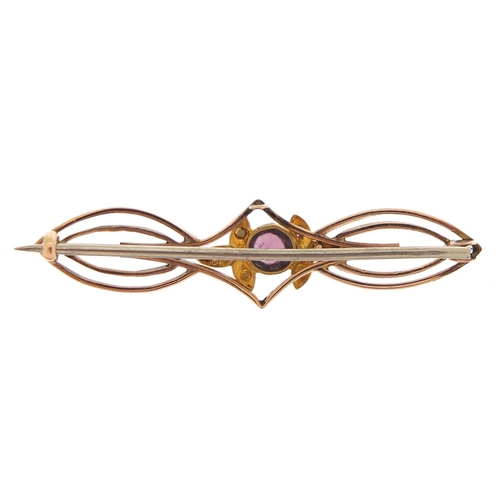 1695 - Art Nouveau 9ct gold amethyst and seed pearl bar brooch, 4.6cm wide, 3.0g