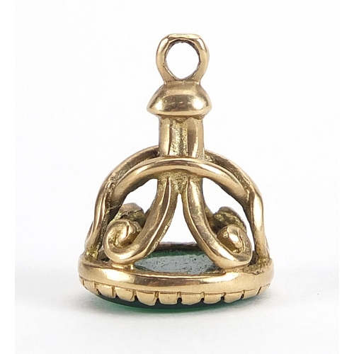 1816 - 9ct gold and green stone fob, 2cm high, 4.4g