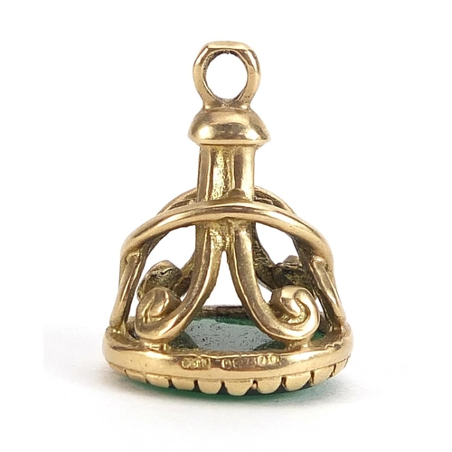 1816 - 9ct gold and green stone fob, 2cm high, 4.4g