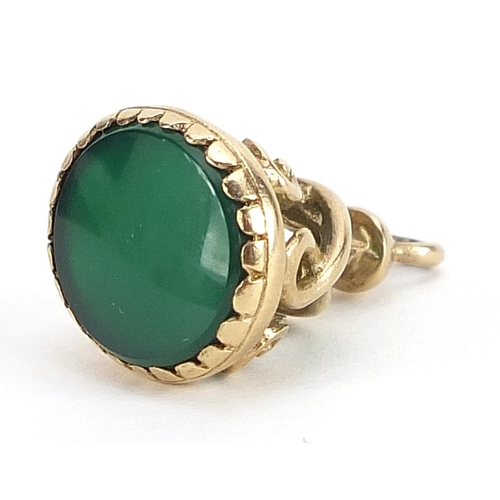 1816 - 9ct gold and green stone fob, 2cm high, 4.4g