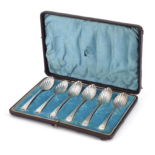 2231 - Matched set of six Georgian silver teaspoons with shell shaped bowls housed in a velvet and silk lin... 