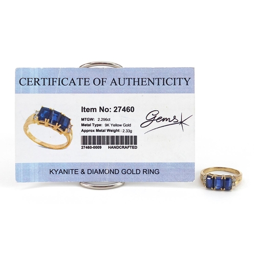 1892 - 9ct gold kyanite and diamond ring with certificate, size N, 2.8g