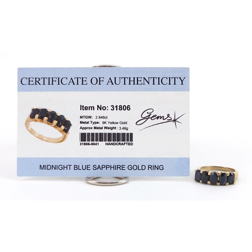 1982 - 9ct gold midnight blue sapphire five stone ring with certificate, size N, 4.0g