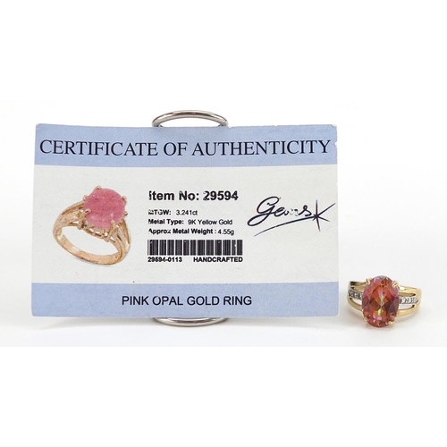 1798 - 9ct gold pink opal and clear stone ring with certificate, size N, 6.6g