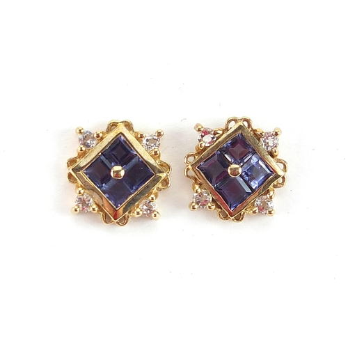 1974 - Pair of 9ct gold iolite and white topaz stud earrings with certificate, 1.4cm x 1.4cm, 2.6g