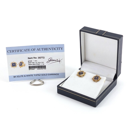 1974 - Pair of 9ct gold iolite and white topaz stud earrings with certificate, 1.4cm x 1.4cm, 2.6g