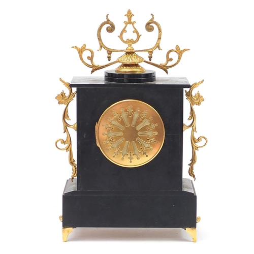 958 - Victorian black slate and red marble striking mantle clock with gilt metal mounts and enamelled dial... 