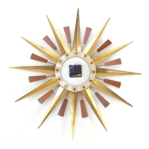 1287 - Vintage Metamec teak and brass sunburst design wall clock, 60cm in diameter