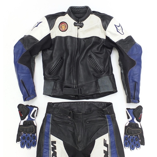 1108 - Wolf, Spirit of the Wild two piece motorcycle leathers and a pair of Spada gloves, the jacket size 4... 