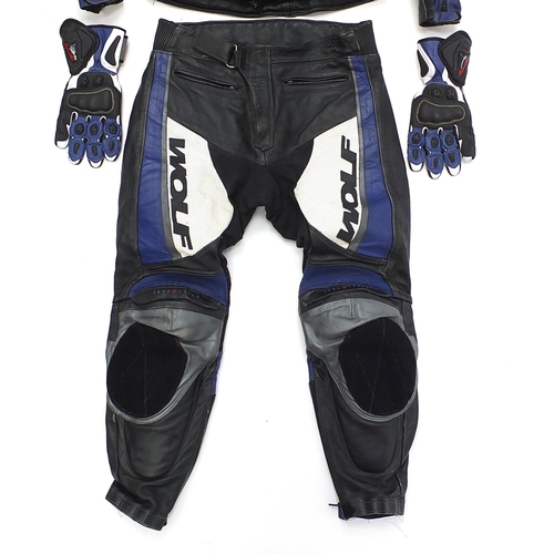 1108 - Wolf, Spirit of the Wild two piece motorcycle leathers and a pair of Spada gloves, the jacket size 4... 