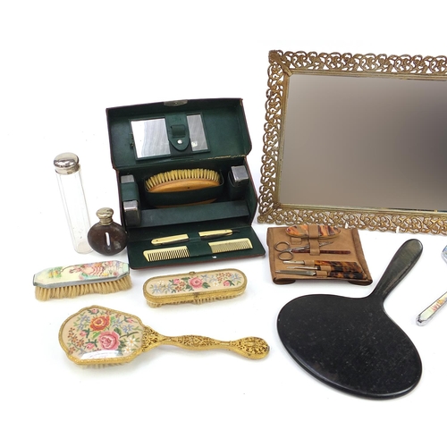 1043 - Collection of vintage dressing table objects, travelling vanity case and faux tortoiseshell manicure... 