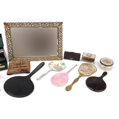 1043 - Collection of vintage dressing table objects, travelling vanity case and faux tortoiseshell manicure... 