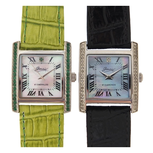 2169 - Two silver wristwatches set with diamonds and emeralds, with certificates