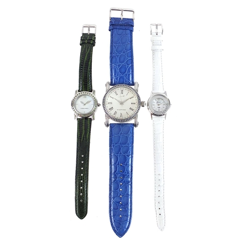 2165 - Three silver wristwatches set with blue sapphires, topaz and aquamarine, with certificates