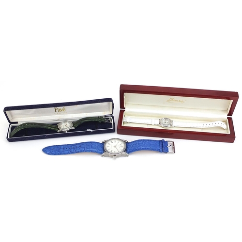 2165 - Three silver wristwatches set with blue sapphires, topaz and aquamarine, with certificates