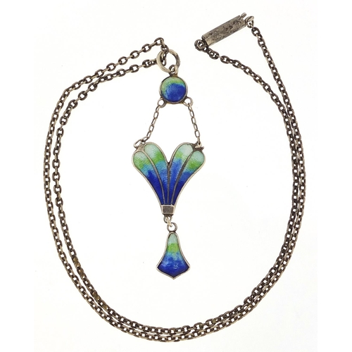 1801 - Art Nouveau sterling silver and enamel pendant on a silver necklace, 6cm high and 40cm in length, 5.... 