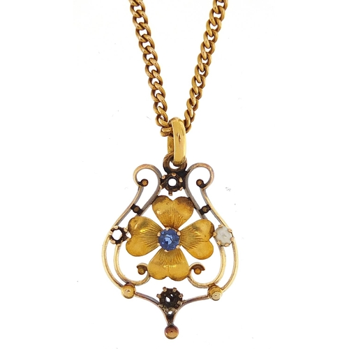 1748 - Art Nouveau 15ct gold sapphire and seed pearl pendant on a 15ct gold necklace, 2.5cm high and 44cm i... 