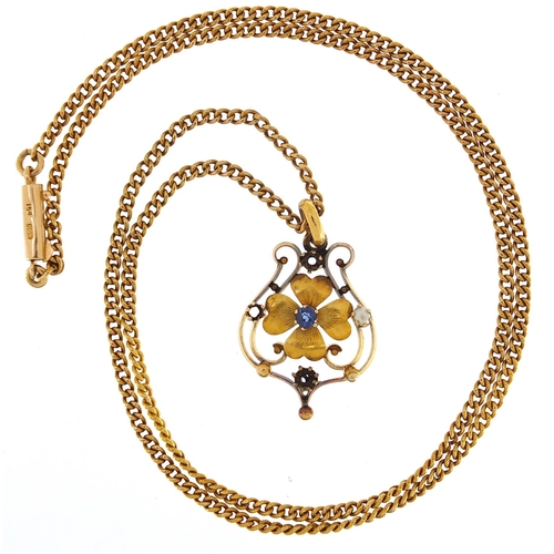 1748 - Art Nouveau 15ct gold sapphire and seed pearl pendant on a 15ct gold necklace, 2.5cm high and 44cm i... 