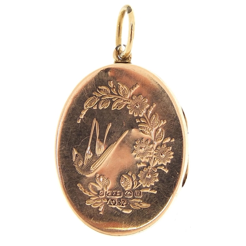 1830 - George V 9ct gold aesthetic oval locket engraved with a bird and flowers, Birmingham 1912, 2.5cm hig... 