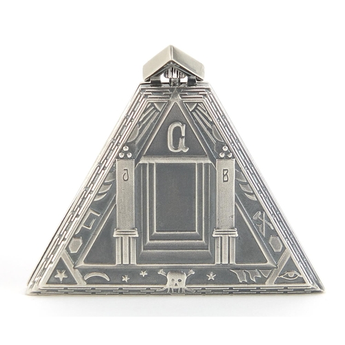 2145 - Masonic interest silver triangular pocket watch, 5cm high, 51.0g