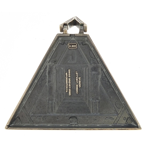 2145 - Masonic interest silver triangular pocket watch, 5cm high, 51.0g