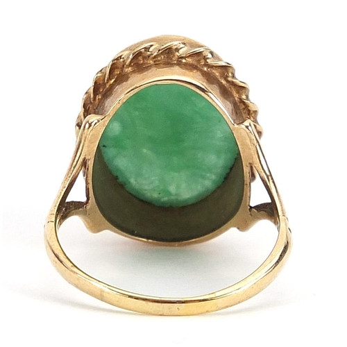 1705 - 9ct gold green cabochon hardstone ring, size R, 5.9g