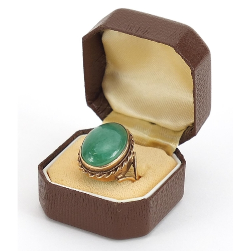 1705 - 9ct gold green cabochon hardstone ring, size R, 5.9g