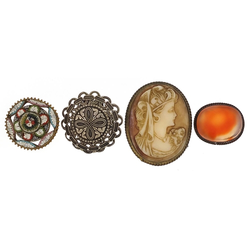 2141 - Four antique and later brooches including a cameo maiden head, micro mosaic and carnelian, the large... 