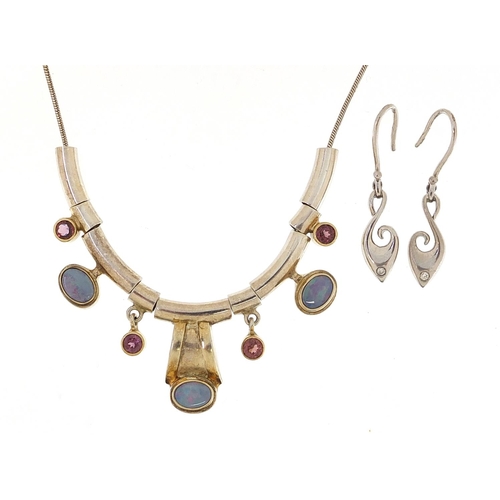 2061 - Modernist silver opal and pink stone necklace and a pair of silver and diamond drop earrings, the ne... 